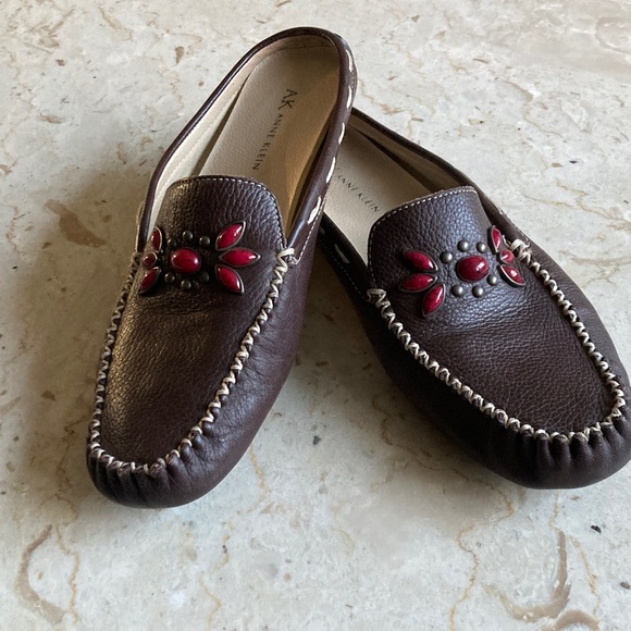 Shoes - Brown Leather Loafers with Red Embellishments
